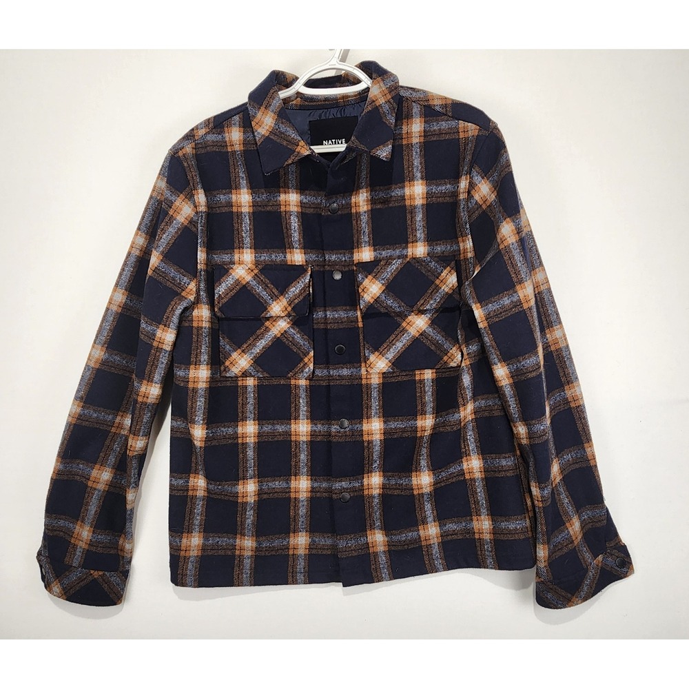 Native Youth Men's Navy Blue/Brown Plaid Flannel Button-Up Shirt‎ Size L